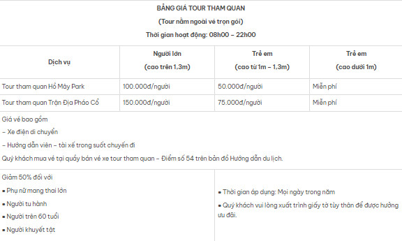 Bảng giá tour tham quan Hồ Mây Park (nằm ngoài vé trọn gói)