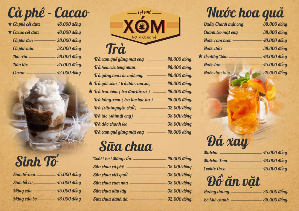 Menu Cafe xóm lèo